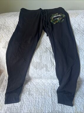Lauren Moshi Black Sweatpants with Green & Gold Rhinestone Patch